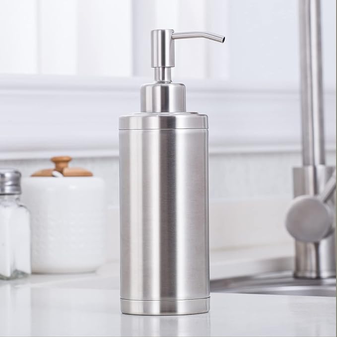 Countertop Hand Soap Dispenser, Refillable Stainless Steel Soap Pump Bottle for Bathroom & Kitchen, Free Standing - 300ml, Brushed Nickel