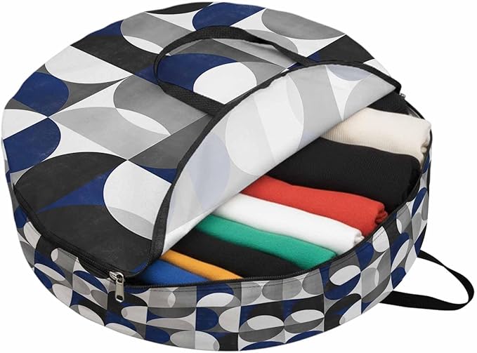 Storage Bag Modern Blue Gray Geometric Round Storage Totes Bins Closet Organizers with Zippers & Handle Abstract Mid Century Clothes Storage Container for Bedroom Dorm Space Saving Packing Supplies