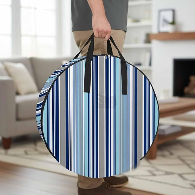 Storage Bag Teal Blue Striped Round Storage Totes Bins Closet Organizers with Zippers & Handle Geometric Navy Stripes Clothes Storage Container for Bedroom Dorm Space Saving Packing Supplies Bags