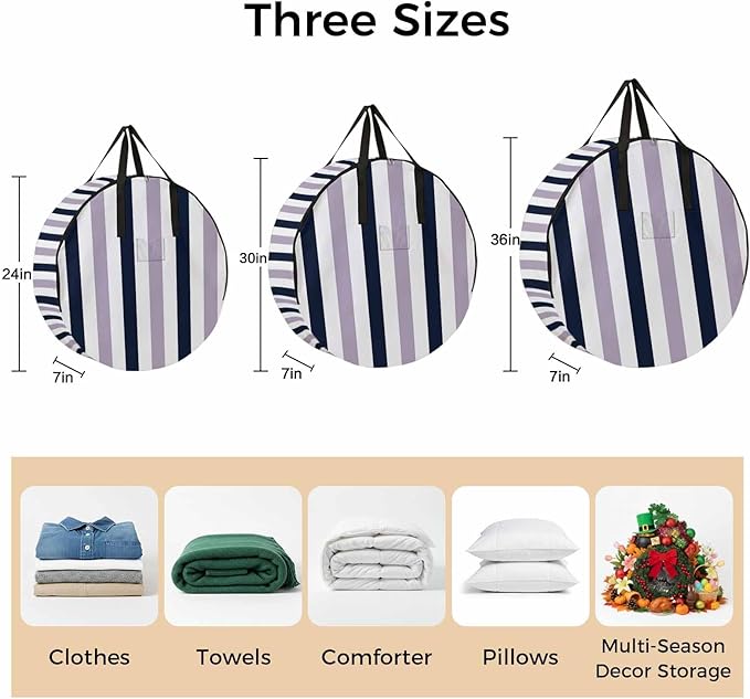 Storage Bag Navy Blue Purple Stripes Round Storage Totes Bins Closet Organizers with Zippers & Handle Contrast Striped Clothes Storage Container for Bedroom Dorm Space Saving Packing Supplies Bags