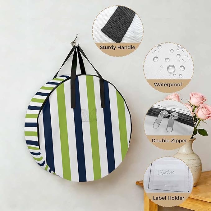 Storage Bag Navy Blue Green Stripes Round Storage Totes Bins Closet Organizers with Zippers & Handle Contrast Striped Clothes Storage Container for Bedroom Dorm Space Saving Packing Supplies Bags
