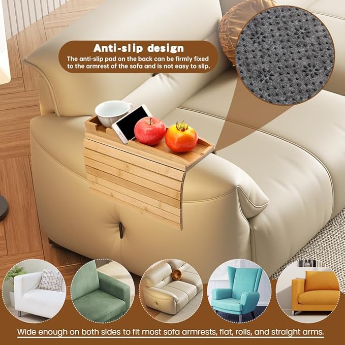 Bamboo Couch Armrest Table, Anti Falling Sofa Arm Tray with Removable Couch Cup Holder for Drink & Snack, Foldable Tray with Coasters for Couch, Recliner, or Loveseat