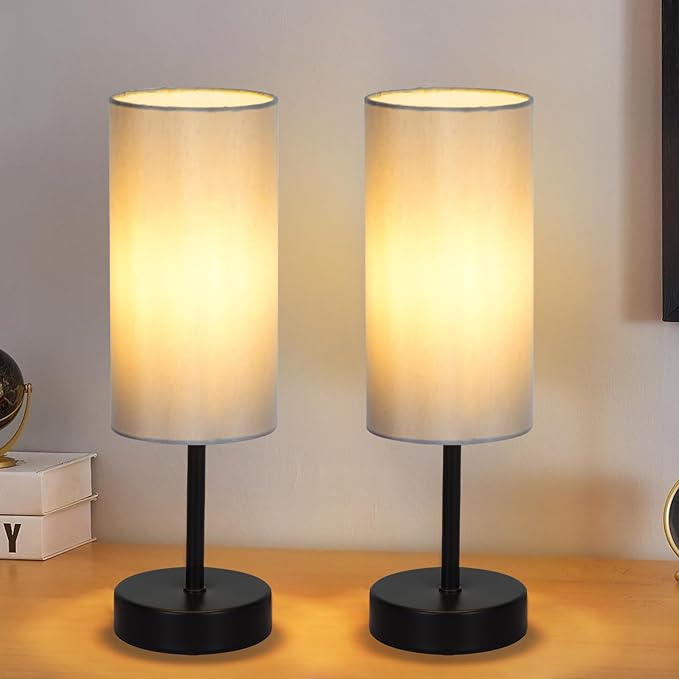 RISLG 2 Pack Small Table Lamps for Bedroom, Bedside Lamps for Nightstand with Wire Switch, Minimalist Modern Desk Lamps with Linen Fabric Shade for Kids Room Living Room Office Dorm, Bulb Included