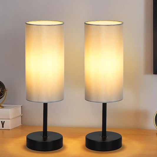 RISLG 2 Pack Small Table Lamps for Bedroom, Bedside Lamps for Nightstand with Wire Switch, Minimalist Modern Desk Lamps with Linen Fabric Shade for Kids Room Living Room Office Dorm, Bulb Included