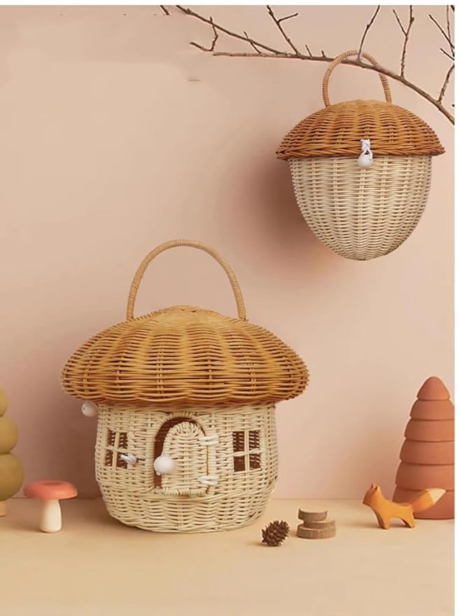 Handmade Rattan Mushroom Shaped Storage Basket - Cute Handmade Decorative Craft, red, Easy to use
