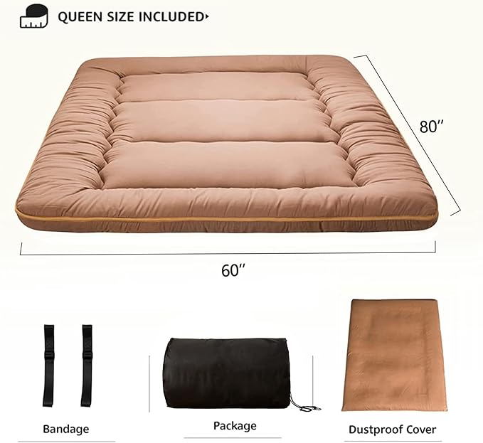MAXYOYO Japanese Floor Mattress Futon Mattress, Thicken Tatami Mat Sleeping Pad Foldable Roll Up Mattress Boys Girls Dormitory Mattress Pad, Light Brown, Queen Size