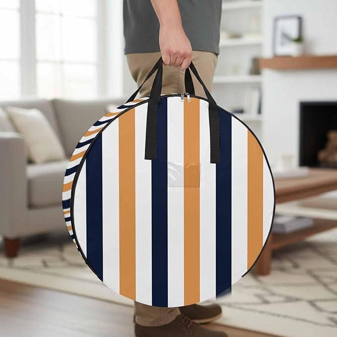 Storage Bag Navy Blue Stripes Round Storage Totes Bins Closet Organizers with Zippers & Handle Orange Contrast Striped Clothes Storage Container for Bedroom Dorm Space Saving Packing Supplies Bags