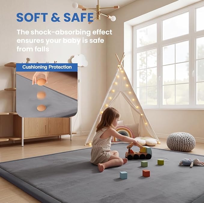 Huloo Sleep Ultra Soft Baby Play Mat for Floor,1.3" Thick Elasti-Foam 47x47 Play Mat for Playpen,Water-Repellent Coral Velvet for Tummy Time, Non-Slip Backing Safe for Toddlers & Infants(Dark Grey)