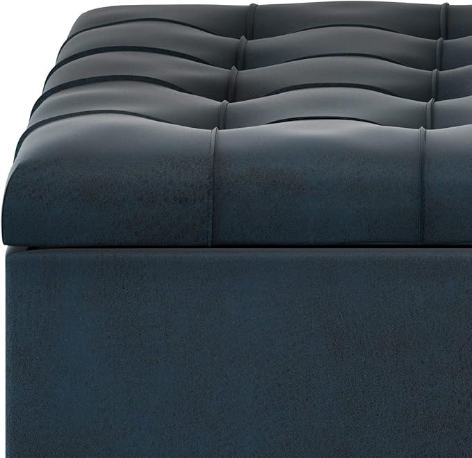 SIMPLIHOME Harrison Coffee Table Storage Ottoman - 36 inch Wide Upholstered Vegan Leather Square Lift-Top Ottoman in Distressed Dark Blue, Transitional Ottoman for Living Room with Hidden Storage