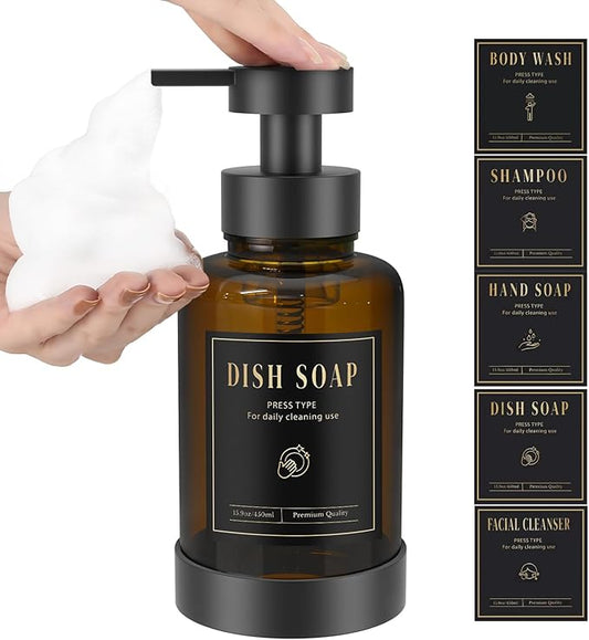 Luxspire Foaming Soap Dispenser, Glass Foam Pump Soap Dispenser, Non-Slip Hand Soap Bottle with 5 Waterproof Labels, 15 Oz Refillable Liquid Soap Bottle for Bathroom & Kitchen, Amber, 1 Pack