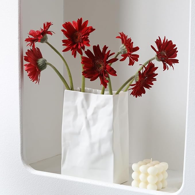 Pumtus Crinkle Paper Bag Ceramic Vase, 7.5 Inch Unique Flower Vase, White Matte Square Wide Mouth Pleated Planter, Minimalist Boho Pot for Flower Arrangement Table Centerpiece Home Office Decor