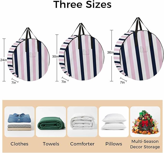 Storage Bag Navy Blue Pink Stripes Round Storage Totes Bins Closet Organizers with Zippers & Handle Contrast Striped Clothes Storage Container for Bedroom Dorm Space Saving Packing Supplies Bags