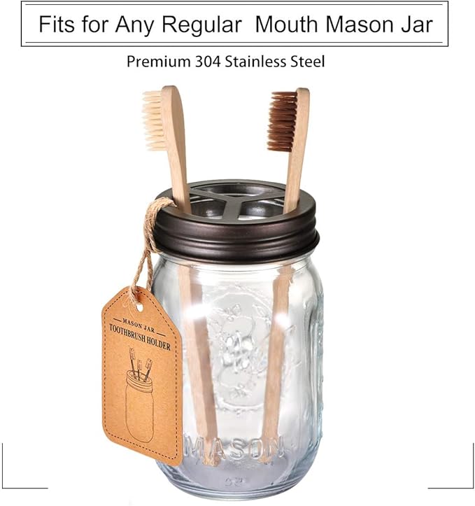 Mason Jar Toothbrush Holder – Bronze – with Genuine Glass 16 Ounce Mason Jar for Regular Mouth Mason Jar ， Premium Rust-Proof 304 Stainless Steel - Rustic Farmhouse Decor Bathroom Accessories