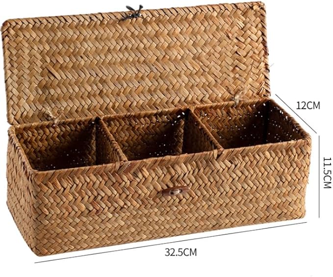 EatingBiting 13"x5" Seagrass Storage Basket with Lid Rectangular Small Woven Shelf Baskets Organize Hand Woven Storage Baskets Dust Clothing Storage-Box Wardrobe Container Sundries Organizer 3 Grids