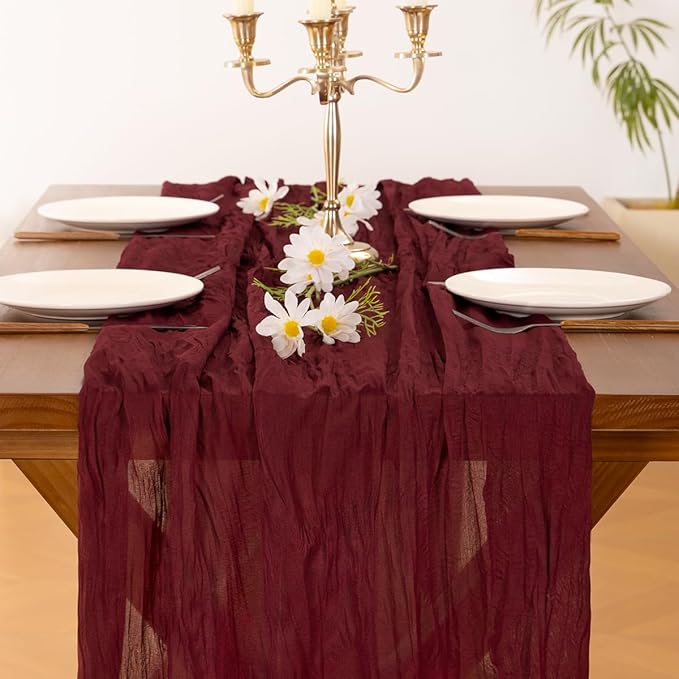 Socomi 3pcs Burgundy Red Easter Spring Cheesecloth Table Runner Boho Rustic Gauze 120 inch 10FT Cheese Cloth Runner for Wedding Party Baby Shower Birthday Home Decor Holiday Decorations