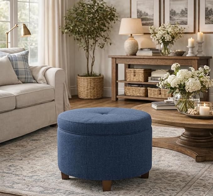 HomePop Large Round Storage Ottoman - Blue Woven Fabric