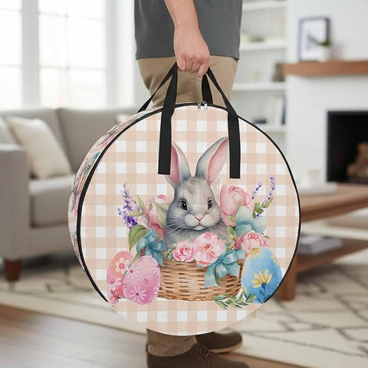24 Inch Round Storage Bag 1 Pack,Easter Day Colorful Eggs Rabbit Flowers Waterproof Wreath Storage Container with Handles&Zipper Spring Plant Plaid Closet Organizer Bags Garland Box
