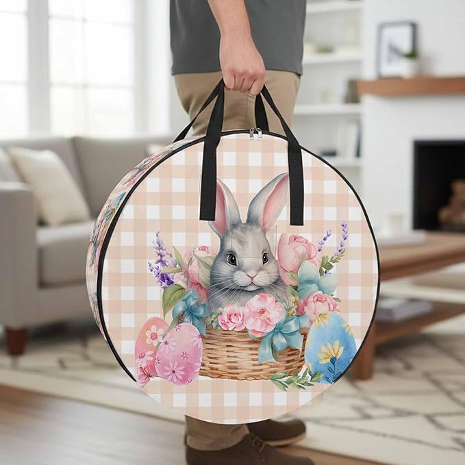 30 Inch Round Storage Bag 2 Pack,Easter Day Colorful Eggs Rabbit Flowers Waterproof Wreath Storage Container with Handles&Zipper Spring Plant Plaid Closet Organizer Bags Garland Box