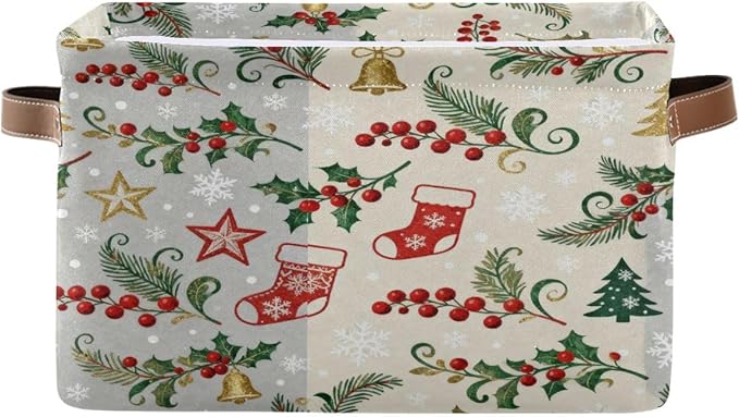 Christmas Storage Baskets, Canvas Collapsible Bins with Holiday Pattern, 14.2x10.2x8.3 Inches, Decorative Organizers with Handles for Home Organization