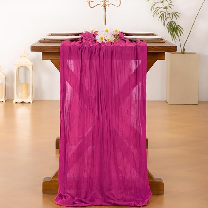 Socomi 2pcs Hot Pink Spring Cheesecloth Table Runner Fuchsia Boho Rustic Gauze 120 inch 10FT Cheese Cloth Runner for Wedding Party Baby Shower Birthday Home Decor