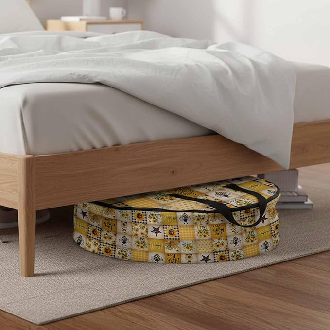 Farmhouse Round Storage Bag 24 Inch, Sunflower Gnome Bee Star Yellow Buffalo Plaid Patchwork Clothes Storage Container with Handles Heavy Duty Organizer for Comforter, Bedding & Holiday Wreaths