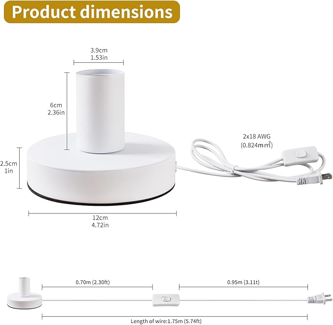Industrial Table Lamp Base E26/E27 Ceramic Base Holder, Vintage Small Desk Lamp with Plug in Cord On/Off Switch Edison Screw Light Bulb Holder Base for Home Lighting Decor (White)