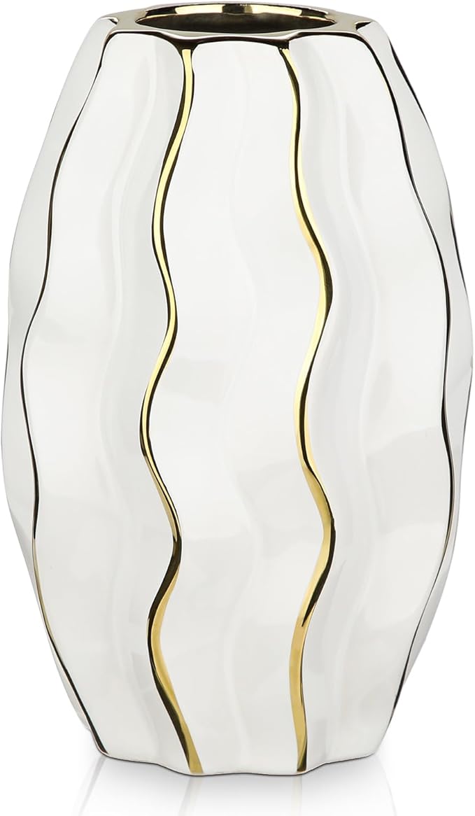 White & Gold Ceramic Flower Vase - 7.4" Modern Vertical Stripe Pottery Wave Vase | Ribbed Textured Flower Vase for Home Decor Bedroom Office Living Room Bathroom Table Centerpiece