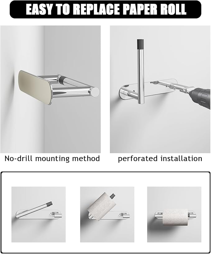 Toilet Paper Holder - Adhesive Toilet Paper Holder or Screw Wall Mounted Swivel Snap Lock Design Fits Anywhere Stainless Steel Bathroom Tissue Roll Holder Chrome
