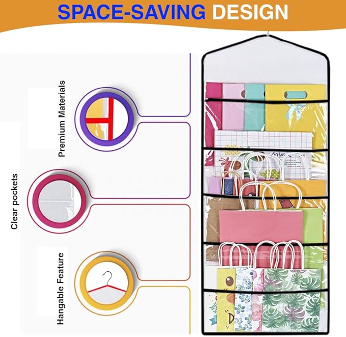 ProPik Hanging Double Sided Gift Bag Storage Organizer with Multiple Front and Back Pockets Organize Your Gift Wrap, Tissue Paper, and Paper Bags 38 x 16 Inch PVC (Black)