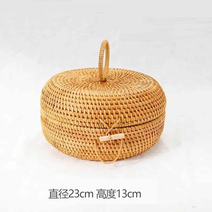 Fengyan Storage Natural Autumn Rattan Storage Basket, Dining Coffee Table Plate, Braided Round Ornaments with Lid and Buckle(Large)