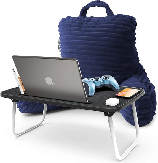 Nestl Navy Blue Reading Pillow with Bed Desk for Laptop and Writing, Luxe Cut Plush Back Pillow for Sitting Up, Back and Arms Adjustable Support for Kids and Teens, Foldable Lap Desk for Bed 19x11”