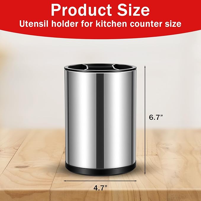 2 Pack 360° Rotating Stainless Steel Utensil Holder for Countertop, 4-Compartment Kitchen Organizer with Non-Slip Base, Large Capacity Spoon Fork Knife Crock for Cooking Tools Storage