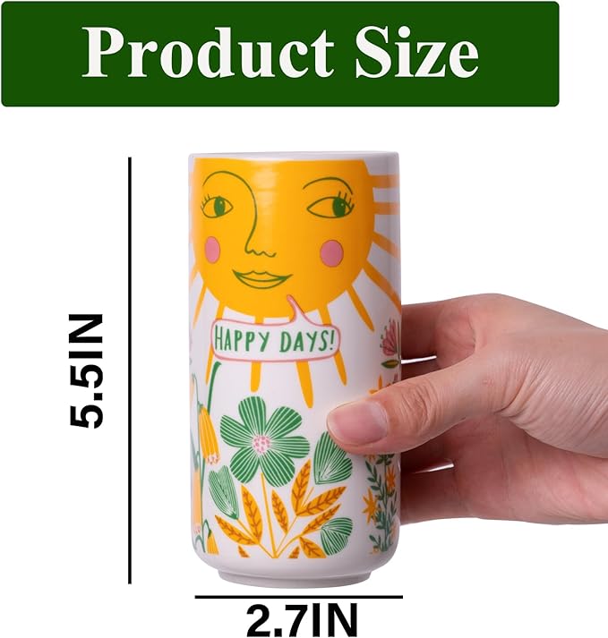 MOUGIGI Cute Small Ceramic Flower Vase-Colorful Boho Unique Round Design with Lively Smiley Patterns-Dopamine Decor Multi Use as Makeup Brush Holder, Pencil Pen Cup-Perfect for Weddings, Mother's Day