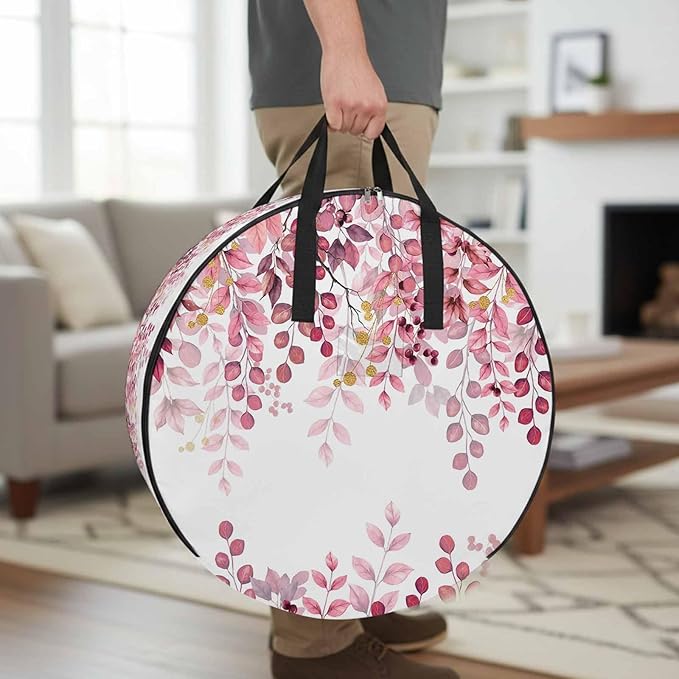 Storage Bag Pink Eucalyptus Leaves Round Storage Totes Bins Closet Organizers with Zippers & Handle Berry Branch Nature Plant Clothes Storage Container for Bedroom Dorm Space Saving Packing Supplies