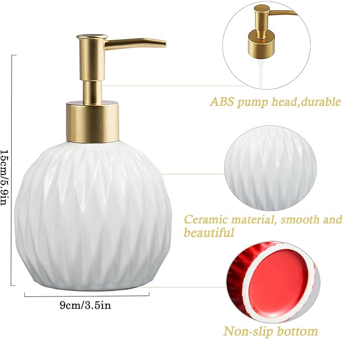 Ceramic Soap Dispenser White with Gold Pump,Modern Design Cylindrical Lotion Dispenser Bottle,Refillable Liquid Hand Soap Dispenser for Kitchen,Bathroom,Washroom