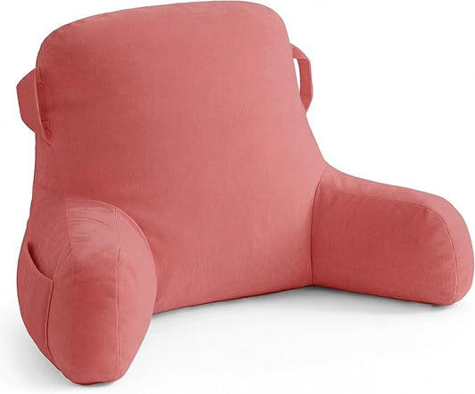 Unisakey Portable Comfy Reading Pillows for Bed Sitting Up(Dark Pink Oeko-Tex), Velvet Back Pillow with Arms & Pockets for Adults, Support Memory Foam Bed Pillow for Dorm/Reading/Watching/Gaming