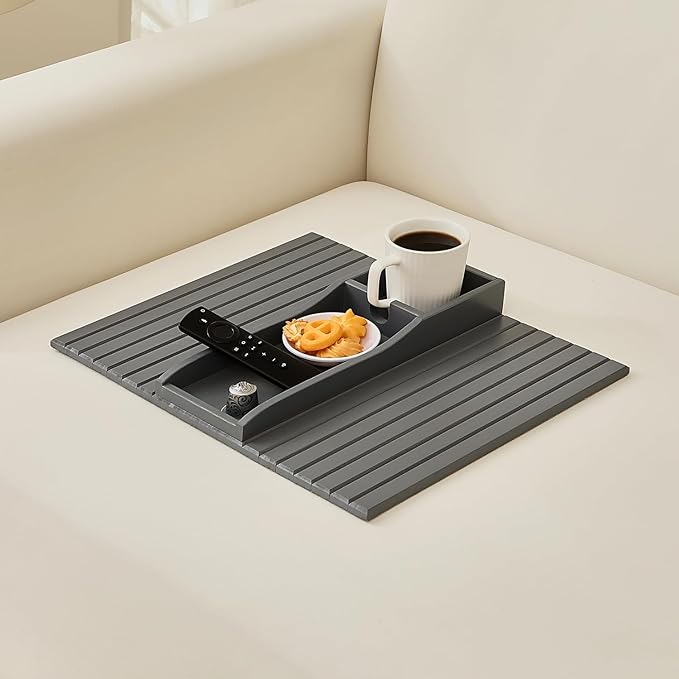 Bamboo Couch Cup Holder Arm Tray Table，Couch Drink Holder，Sofa Cup Holder Armrest Tray，Anti-Slip Foldable Arm Chair Table Tray Recliners for Drink,Cups, Snacks, Phone, Remote (Gray)