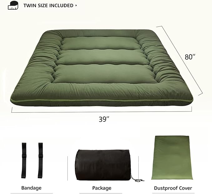 MAXYOYO Japanese Futon Mattress Twin Size Floor Mattress, Thicken Tatami Mat Sleeping Pad Roll Up Mattress Floor Folding Couch Mattress Pad for Guest Room, Green, Twin