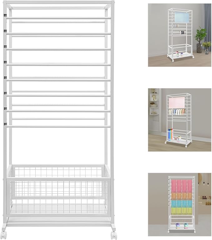 Mobile Ribbon Holder Double-Sided Ribbon Organizer Rack with 16 Hanging Rods Multifunctional Flower Wrapping Paper Storage Stand with Lockable Wheels Wrapping Paper Rack (26.38*12.99*59.06in, White)