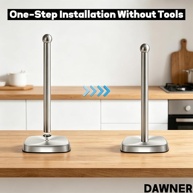 DAWNER Secure Grip Paper Towel Holder Countertop, Easy to Tear with One-Hand, Stainless Steel Paper Towel Stand, Dual-Weighted Suction Base for Kitchen & Bathroom‌