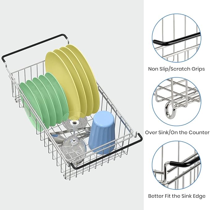 TreeLen Expandable Dish Drying Rack Over the Sink Small Dish Drainer in Sink Adjustable Rustproof Sink Strainers for Kitchen-304 Stainless Steel