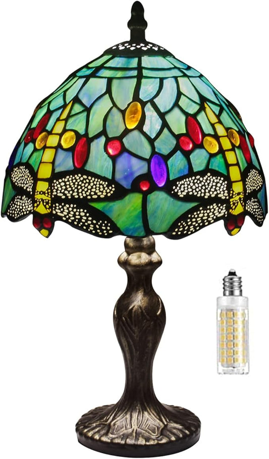 MIAOKE Stained Glass Table Lamp,Stained Glass Crystal Bead Style Table Light, Handmade Desk Bedside Night Light, Antique Art Craft Gifts Lover Living Room Bedroom Bookcase (Green Dragonfly)