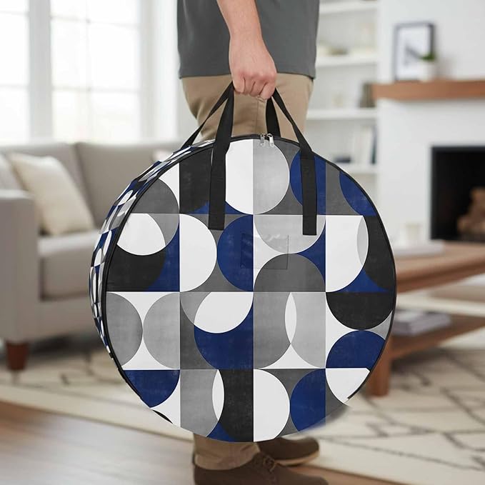 Storage Bag Modern Blue Gray Geometric Round Storage Totes Bins Closet Organizers with Zippers & Handle Abstract Mid Century Clothes Storage Container for Bedroom Dorm Space Saving Packing Supplies