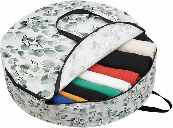 Spring Sage Round Storage Bag 30 Inch, Green Eucalyptus Plant Leaf Clothes Storage Container with Handles Heavy Duty Organizer for Comforter, Bedding & Holiday Wreaths