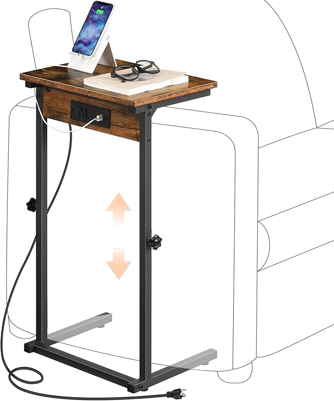 HOOBRO C-Shaped End Table with Charging Station, Adjustable Height Sofa Tray Side Table, Slide Under Couch Arm Table, Small C Side Table for Small Space in Living Room, Bedroom, Rustic Brown BF71USF01