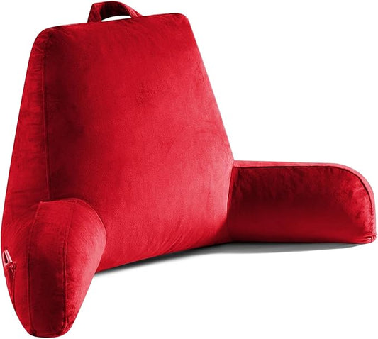 OAISZ Reading Pillow for Sitting in Bed Adult, Reading Pillow with Shredded Memory Foam, Bed Pillow with Washable Cover, Back Pillow Sitting Up with Extend Arms, Red, X-Large