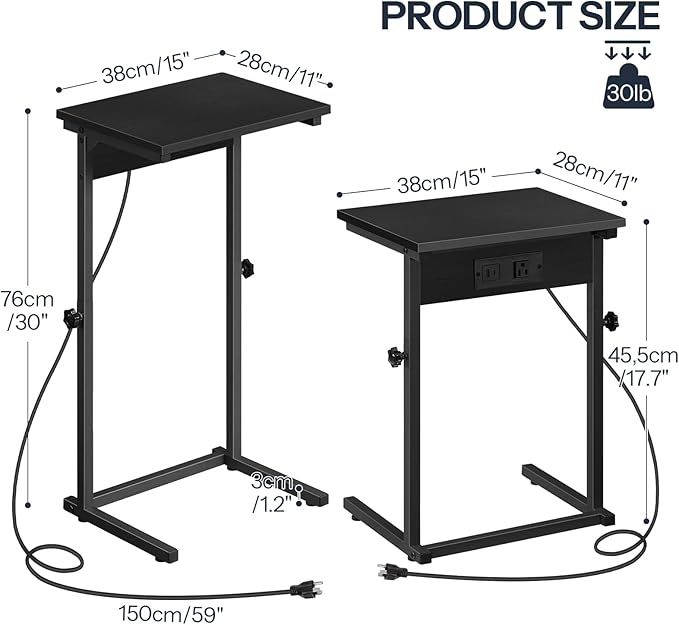 HOOBRO C-Shaped End Table with Charging Station, Adjustable Height Sofa Tray Side Table, Slide Under Couch Arm Table, Small C Side Table for Small Space in Living Room, Bedroom, Black BB71USF01