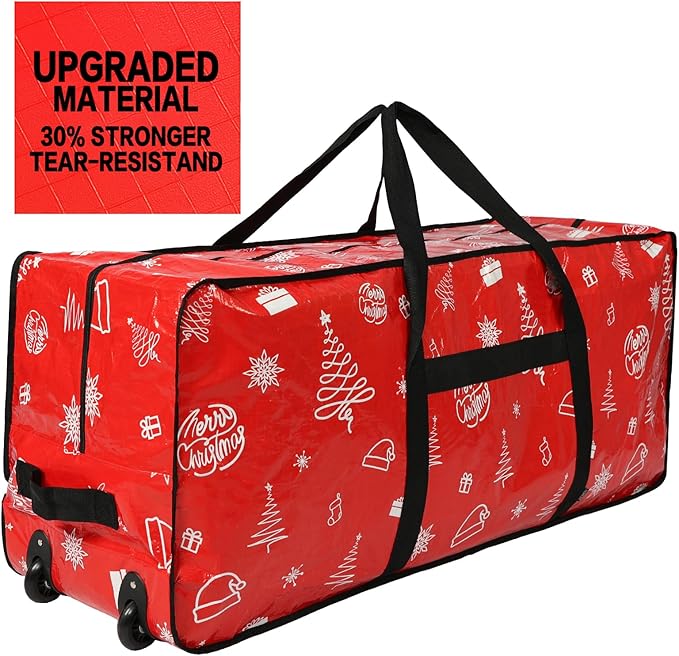 HOMEST Christmas Tree Storage Bag, Fits for 4.5-7 ft Xmas Artificials, Zippered Bag with Reinforced Carrying Handles and Wheels, Red Pattern (Bag Only)