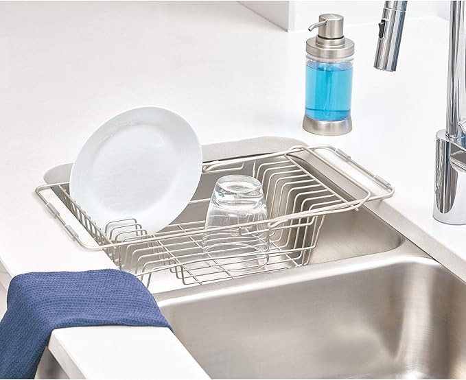 iDesign Classico Kitchen Over-the-Sink Dish Drainer Rack for Drying Glasses, Silverware, Bowls, Plates - Satin