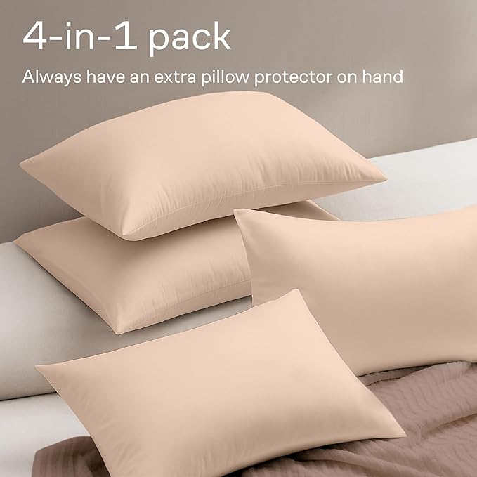 Ultra Soft Pillow Protectors with Zipper King Size - Set of 4 Breathable Pillow Covers - 100% Protection Against Stains, Dust & Dirt - Machine Washable (Cream)